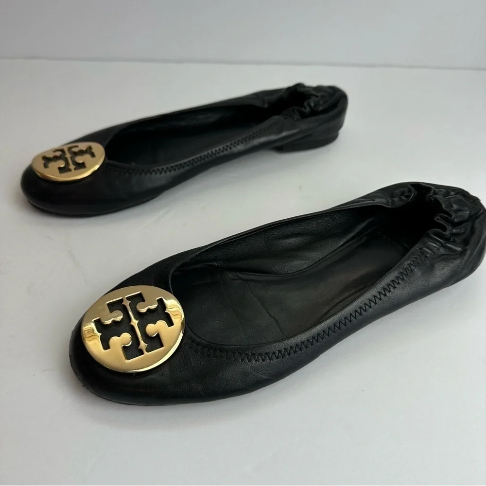 Tory Burch Ballet Flats Black Women's Size 7 Shoes Black Gold Medallion Leather